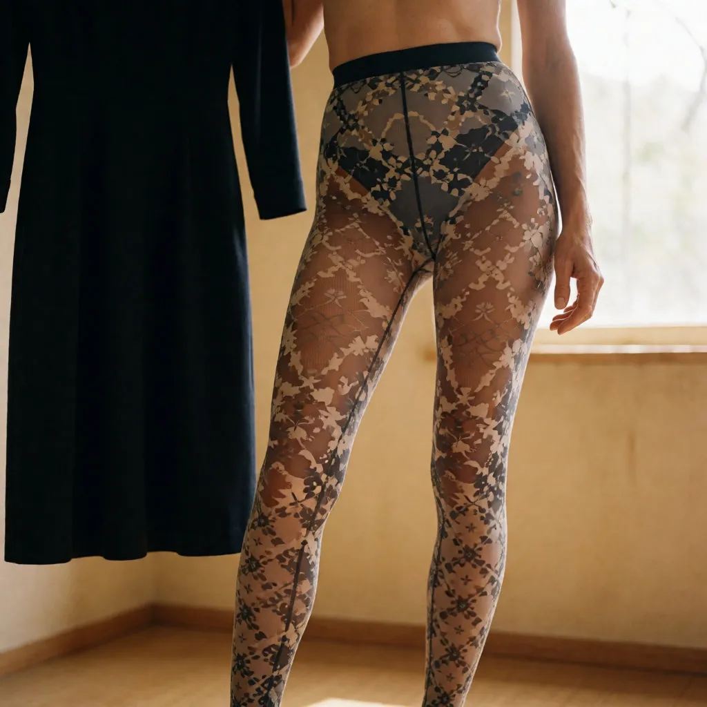 Pernas de uma mulher com collants de padrão floral e geométrico, num conjunto escuro liso