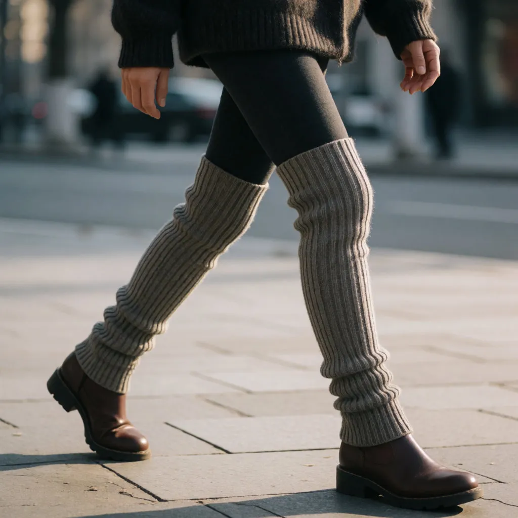 Pernas de uma mulher a caminhar com polainas de malha torcida sobre leggings e botins