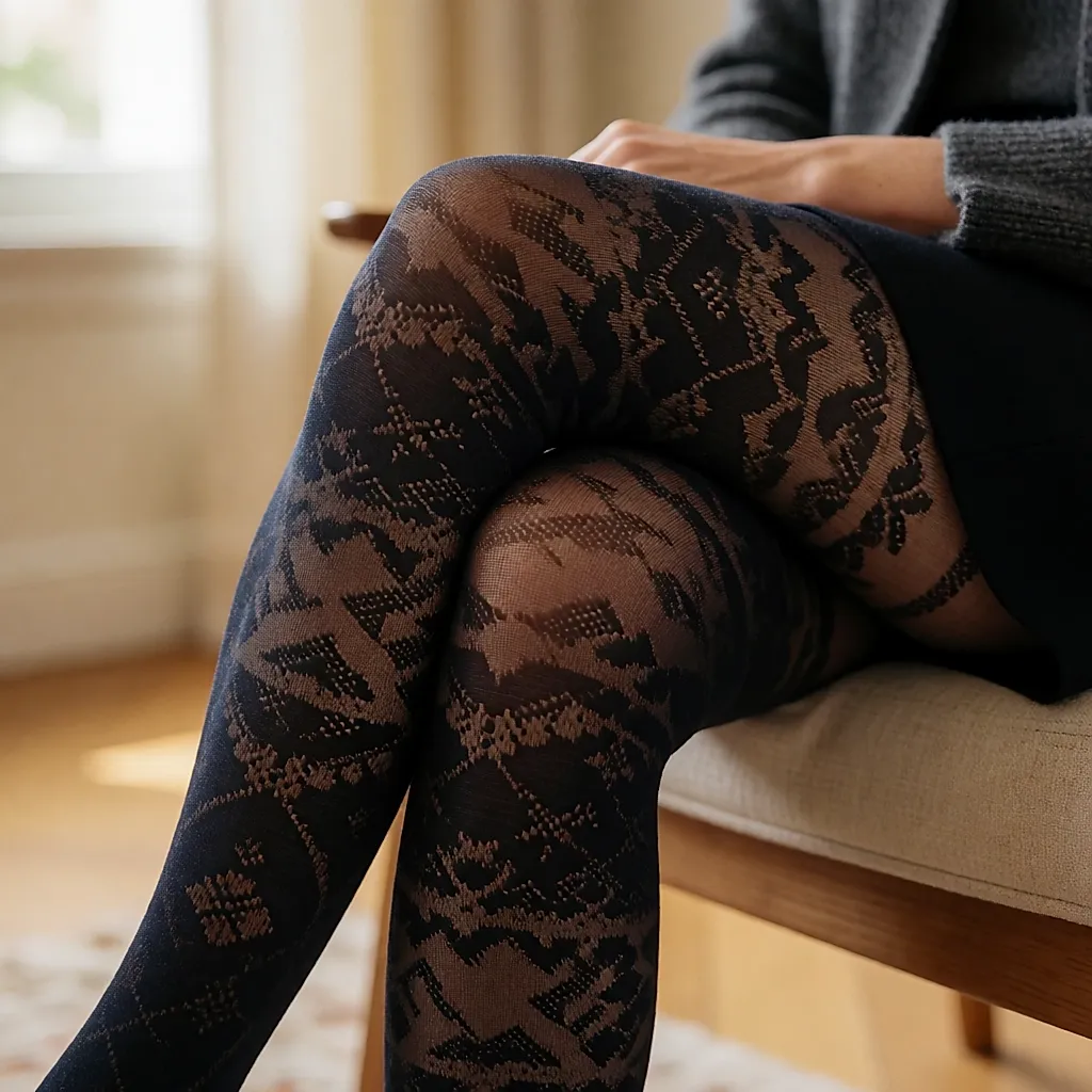 Pernas sentadas com collants escuros de padrão jacquard de inverno