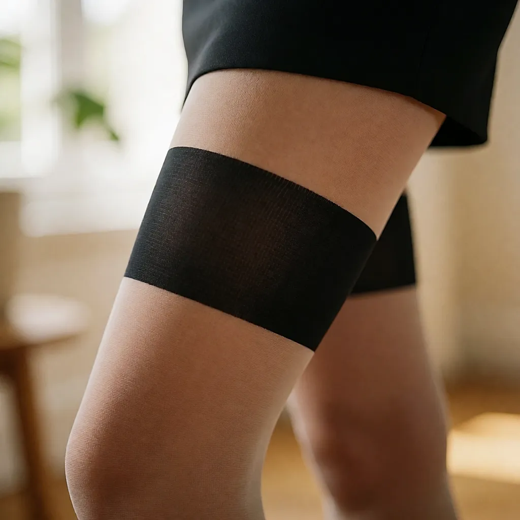 Pernas com collants design e uma faixa preta larga a atravessar a perna