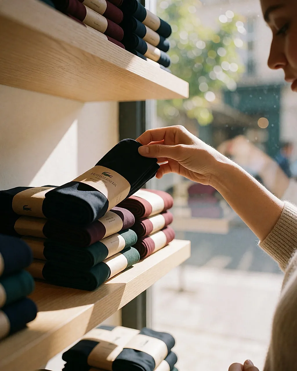 Mano cogiendo un par de medias dobladas en una estantería de tienda