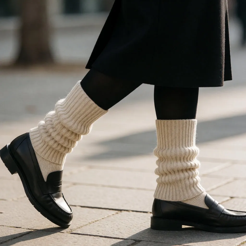 Jambières en laine côtelée écrue portées sur des collants noirs avec mocassins et jupe midi