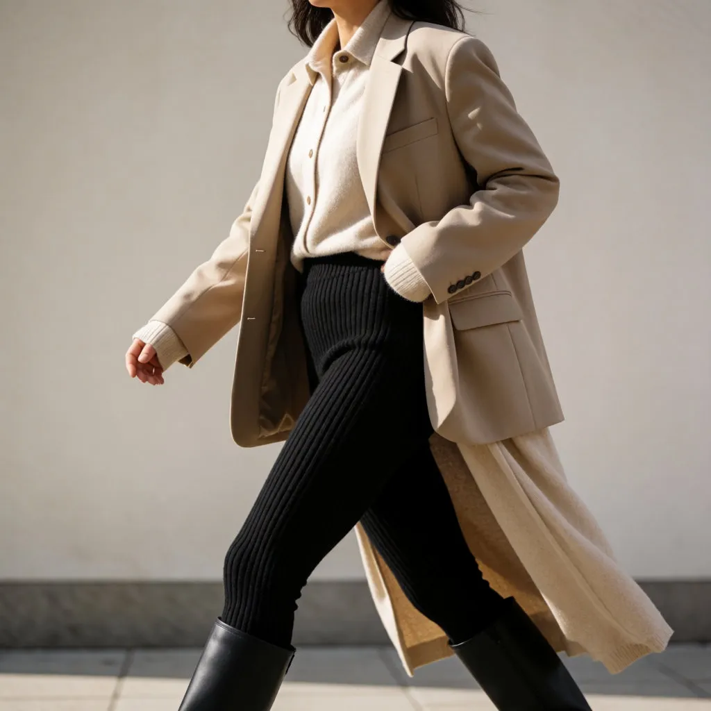 Femme adulte en leggings côtelés noirs, blazer oversize beige et bottes hautes dans la rue