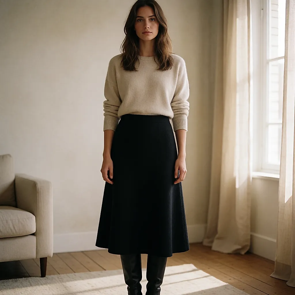 Collant opaque noir légèrement brillant porté avec jupe en laine et boots vernies