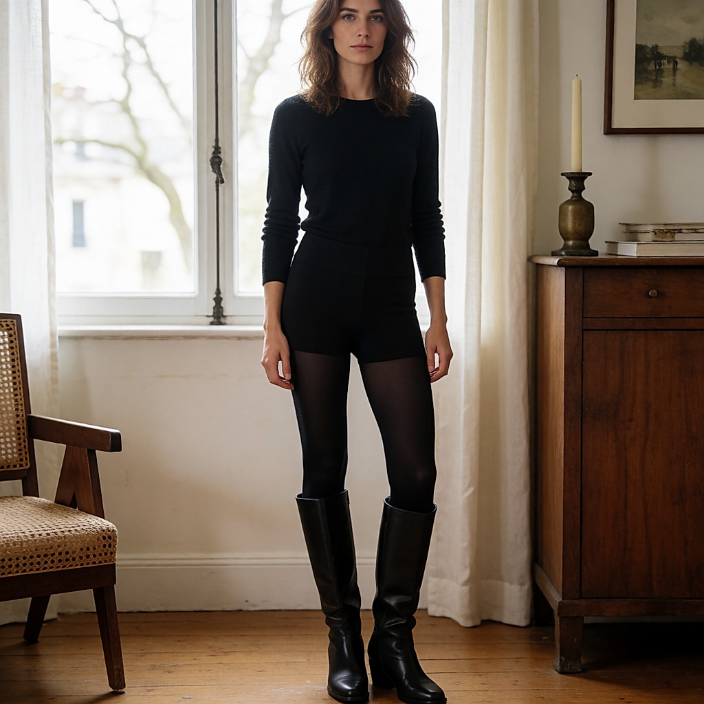 Guêtres kaki portées par-dessus un collant noir et une botte en cuir