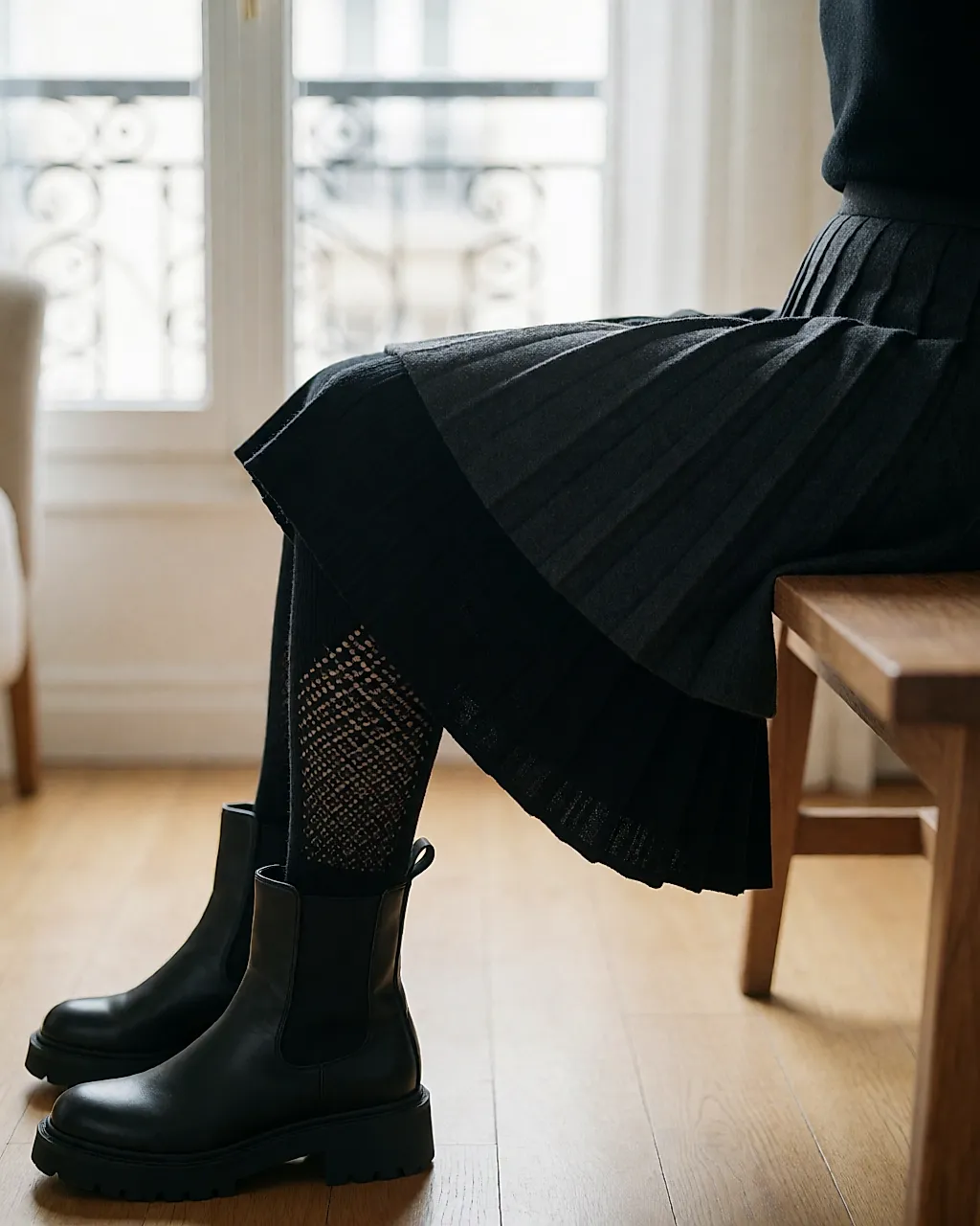 Legging noir à motif géométrique porté sous une jupe plissée et des boots