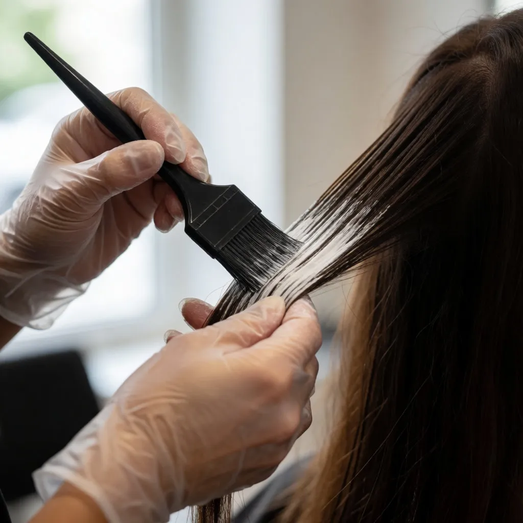 Manos enguantadas de una colorista aplicando tinte en las mechas de una clienta adulta en el salón