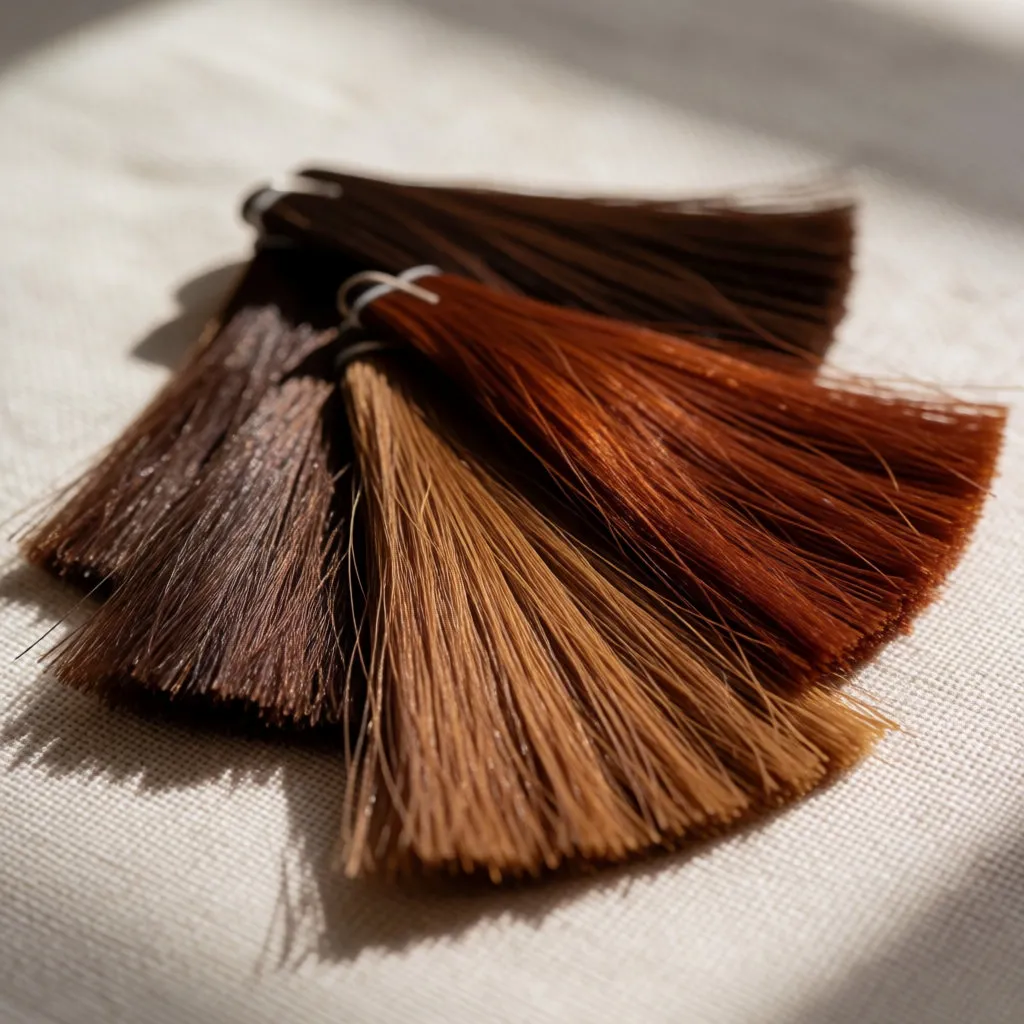 Mechones de pelo castaño, caramelo, cobrizo y castaño oscuro sobre un lino neutro