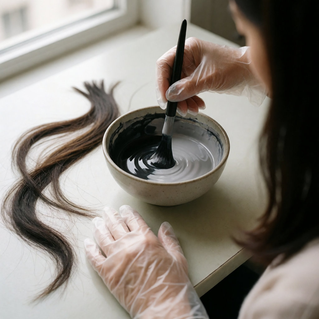 Mains gantées mélangeant une coloration dans un bol, mèches de cheveux teints posées sur une table