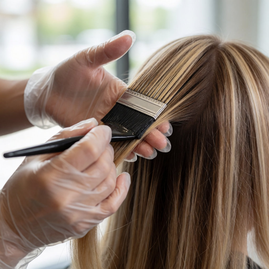 Coiffeur appliquant une patine au pinceau sur des mèches blondes trop claires