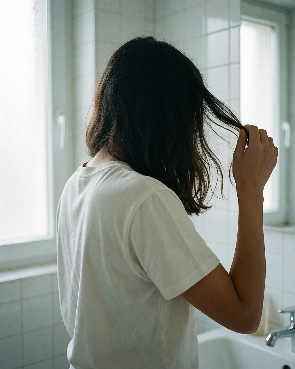Vue de dos, une main soulève une mèche de cheveux bruns aux longueurs irrégulières dans une salle de bains