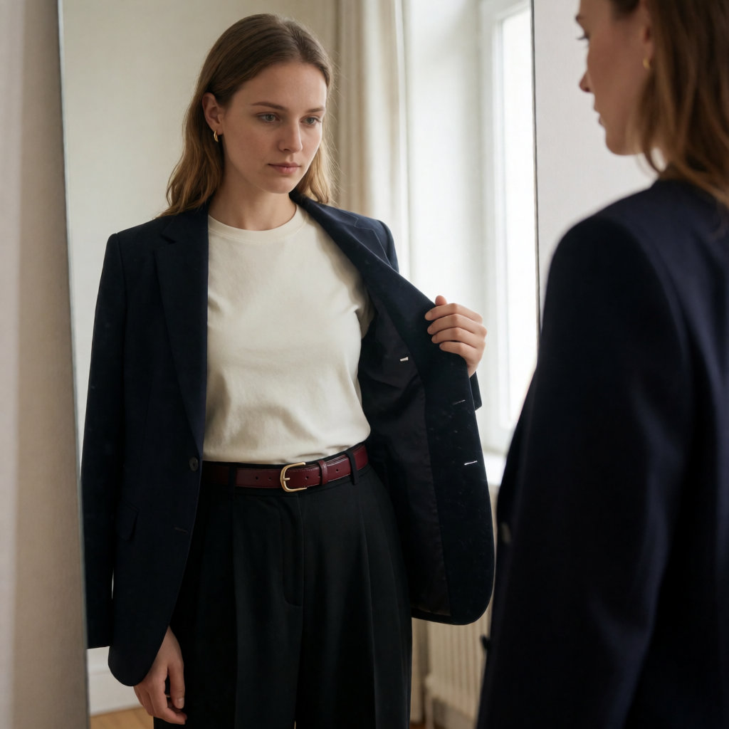 Jeune femme devant un miroir, enfilant un blazer marine structuré sur un t-shirt écru et un pantalon noir fluide