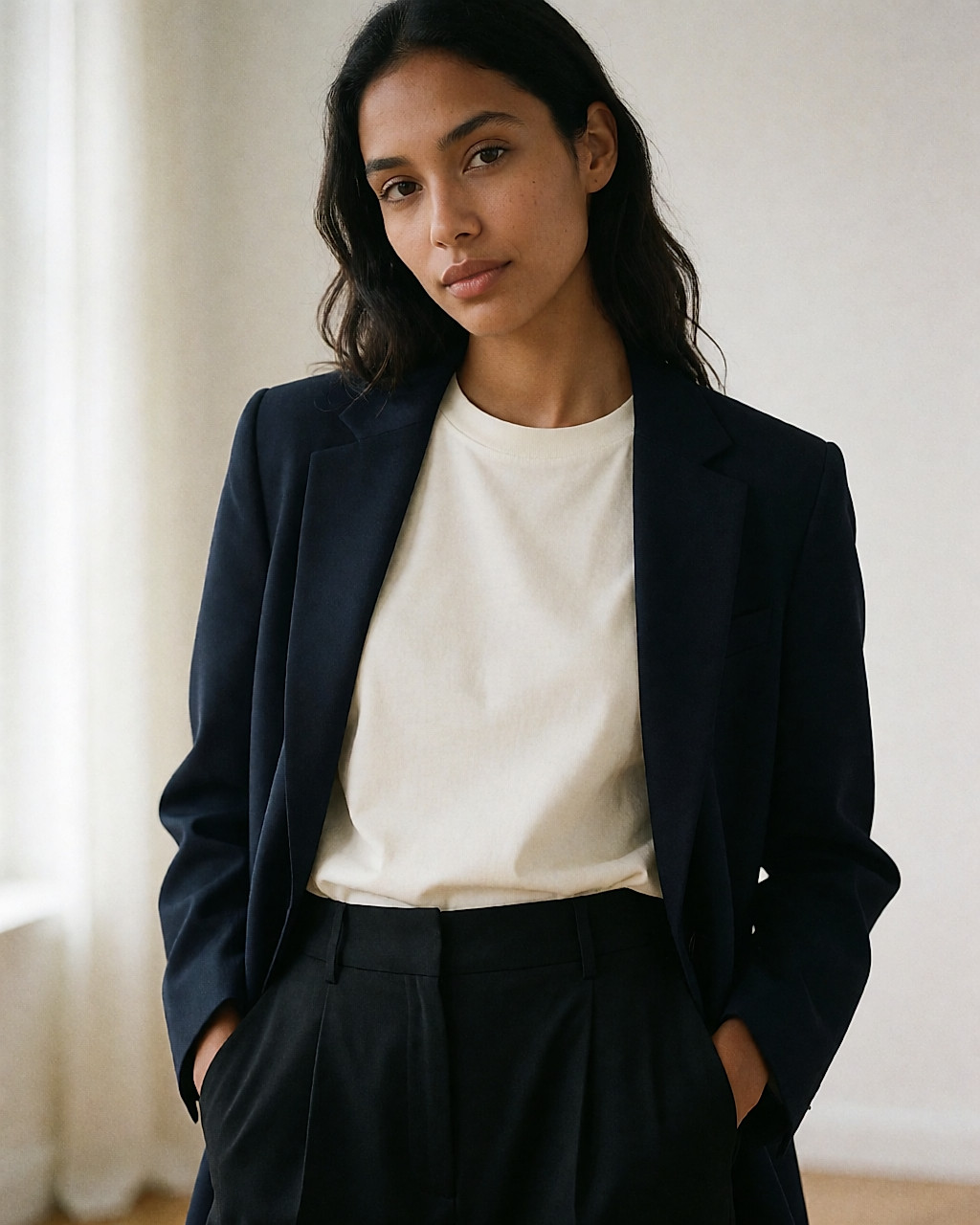 Jeune femme portant un t-shirt écru, un pantalon fluide noir et un blazer marine ouvert