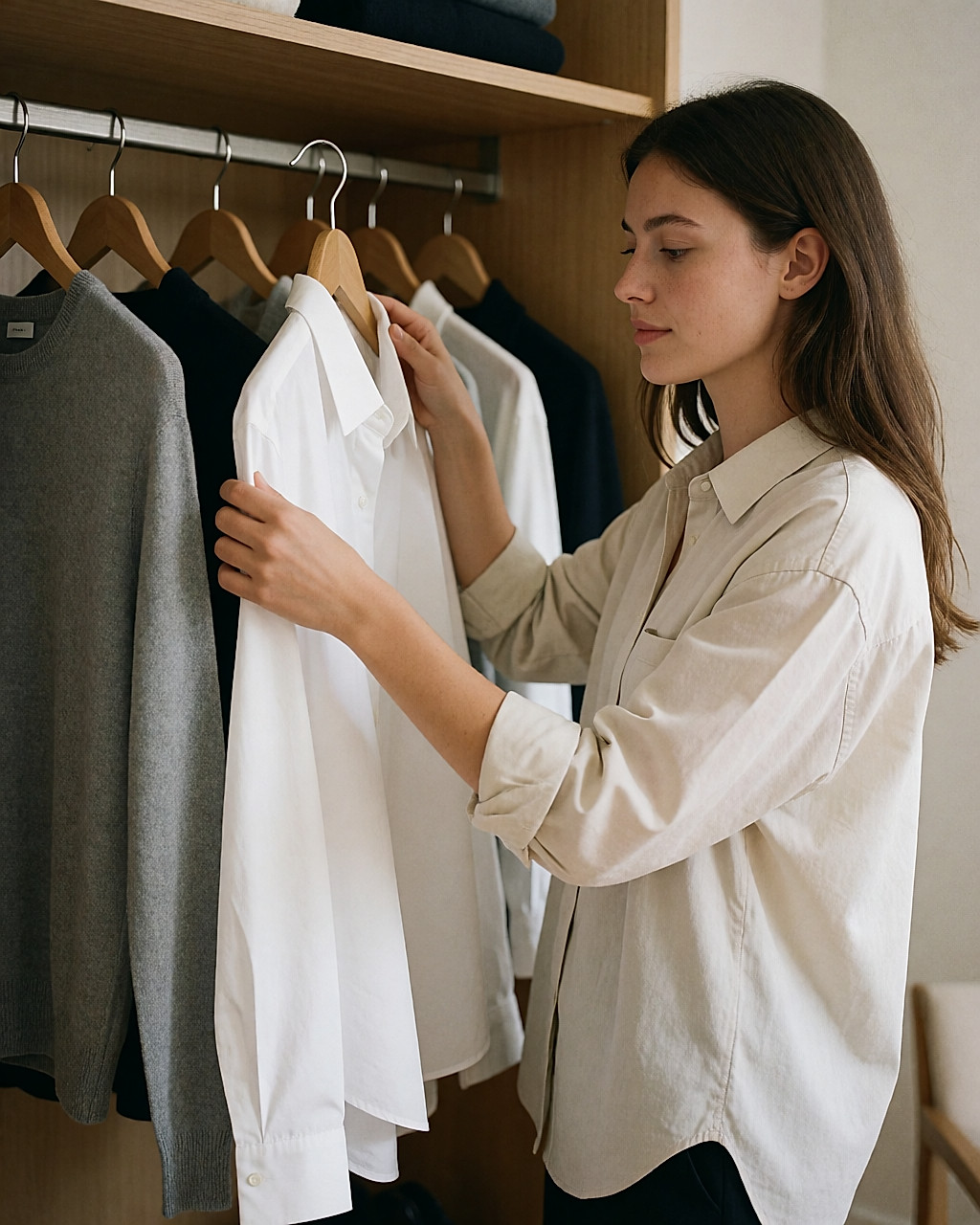 Jeune femme comparant une chemise blanche et un pull fin devant sa penderie