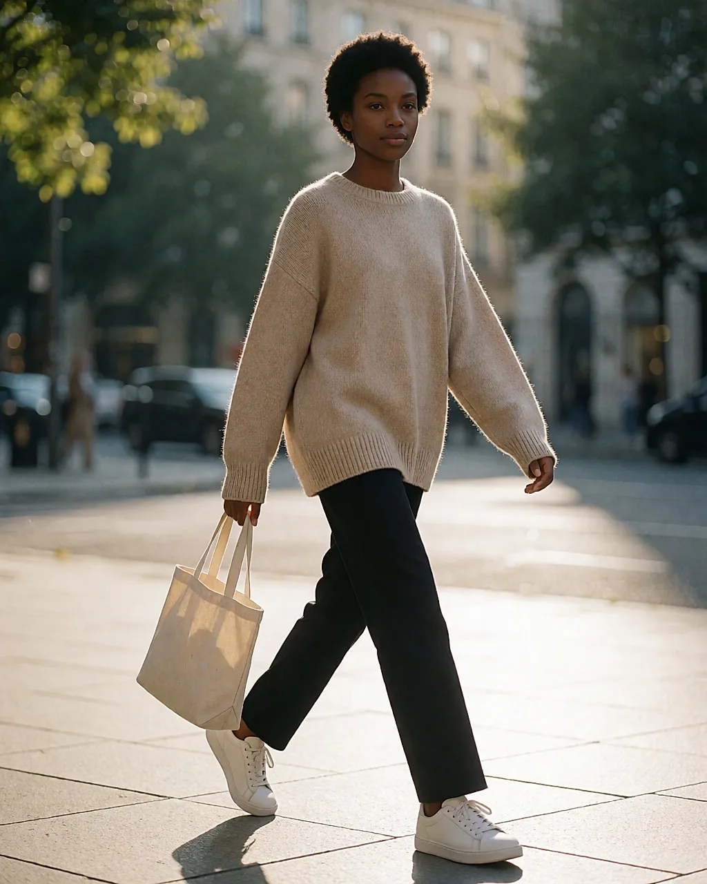 Young woman walking briskly along a pavement in the morning light