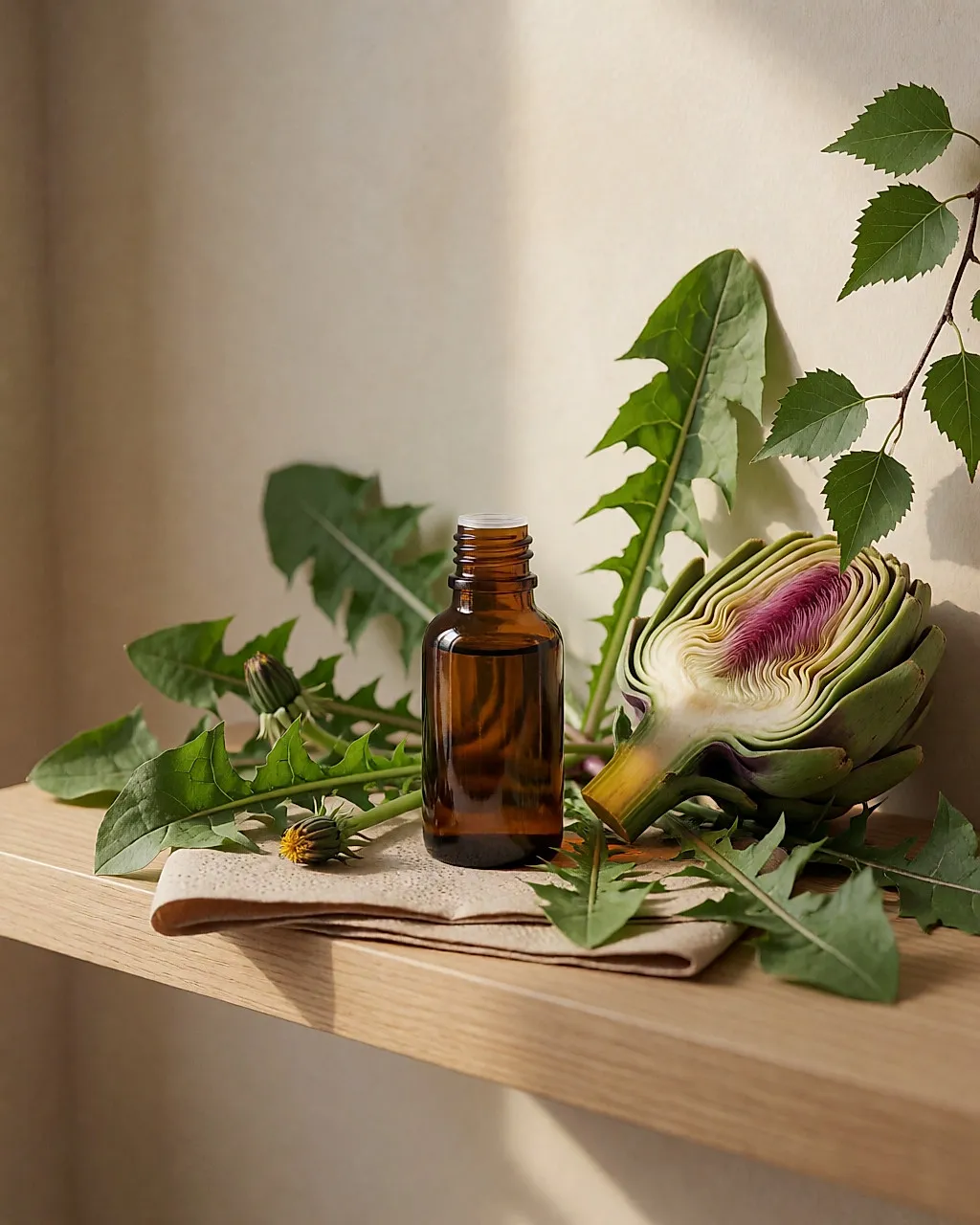 Small amber glass bottle, fresh dandelion and artichoke leaves on a wooden shelf