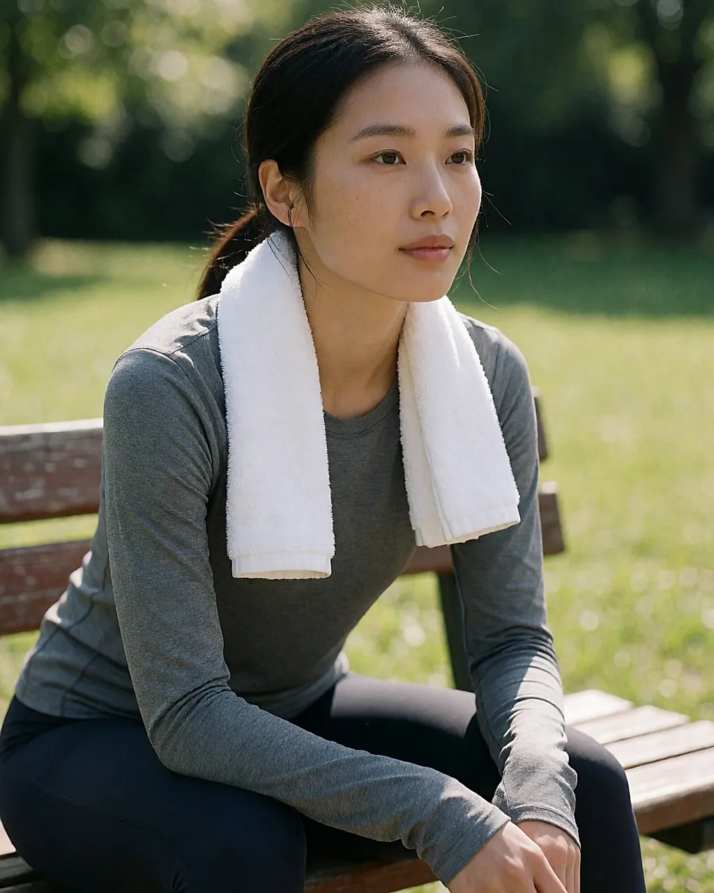 Young woman sitting on a bench after exercise, a white towel around her neck