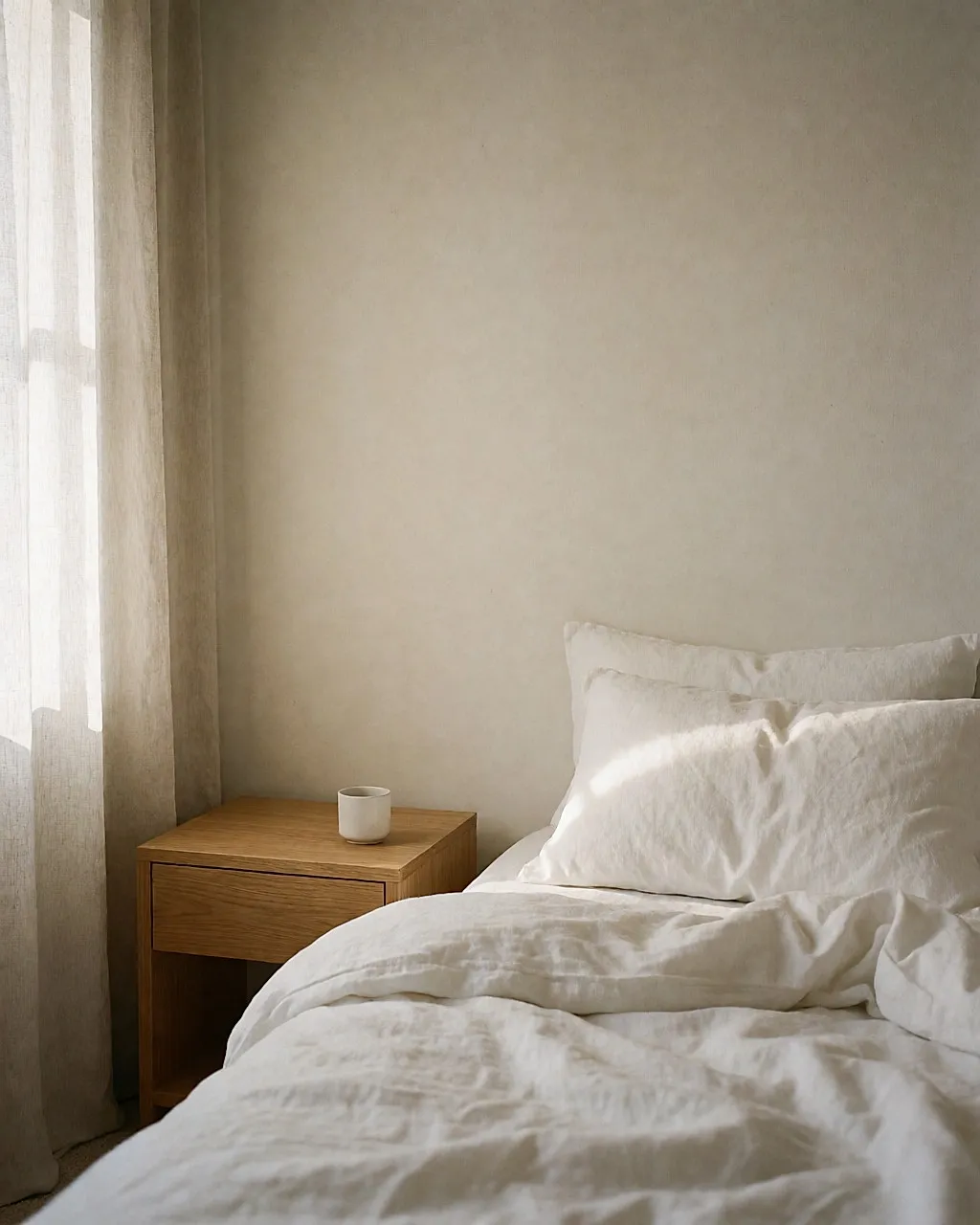 Bedroom at dawn, crumpled bed linen and a small white cup on an oak bedside table