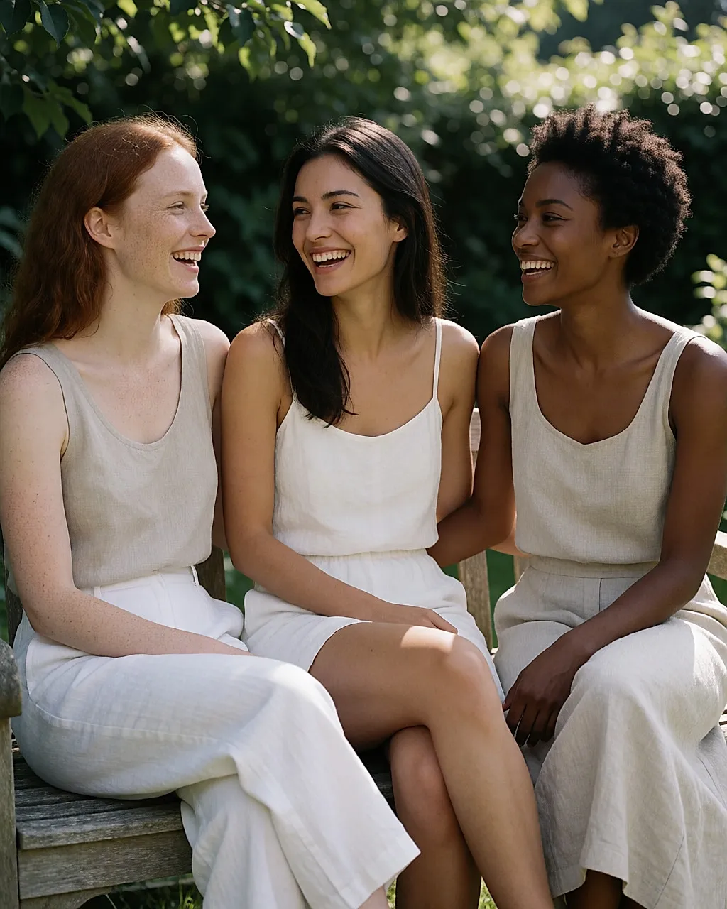 Drei junge Frauen mit unterschiedlichen Hauttönen und Phototypen sitzen gemeinsam in einem schattigen Garten