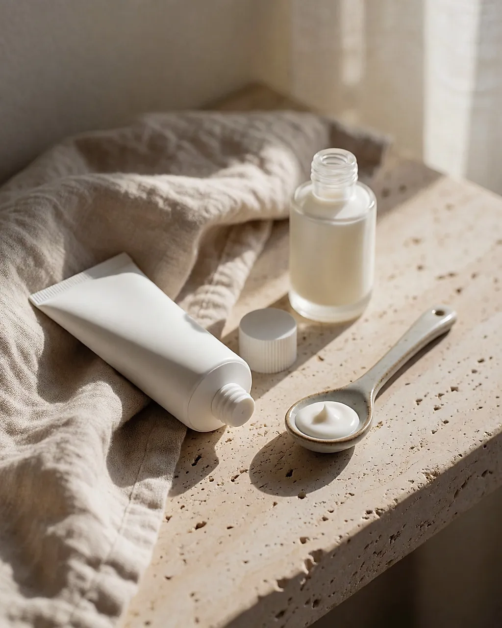 Tube einer mineralischen Sonnencreme ohne Marke und Dosierlöffel auf beigem Tuch, bei natürlichem Licht