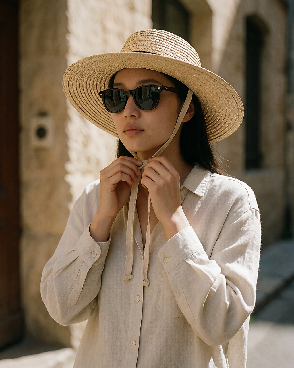 Jeune femme ajustant le ruban d'un chapeau de paille à larges bords, lunettes de soleil et chemise couvrante