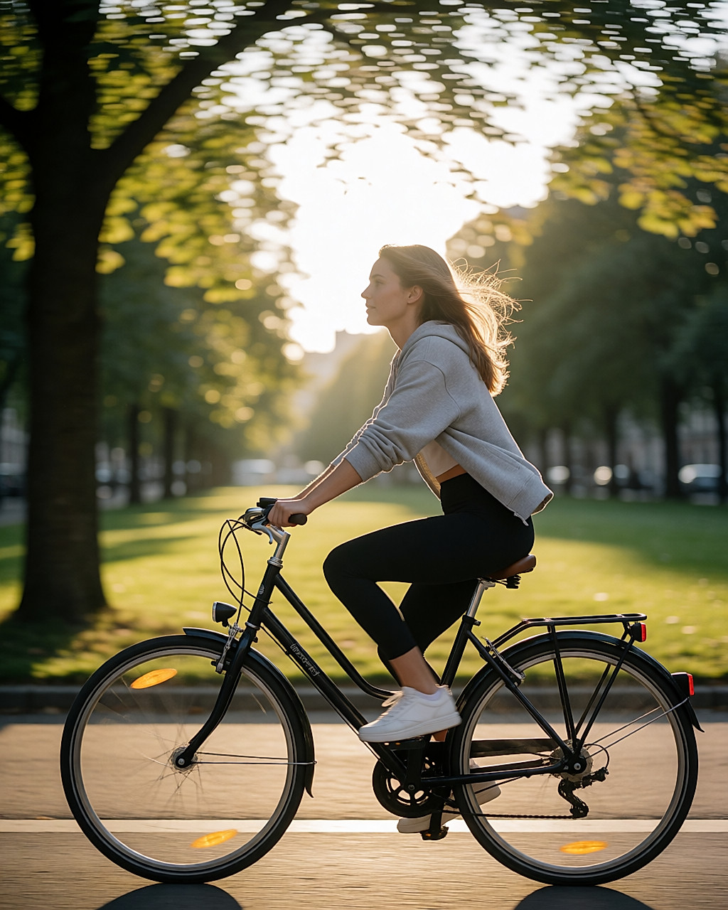 Jeune femme à vélo sur une allée arborée d’un parc en fin de journée