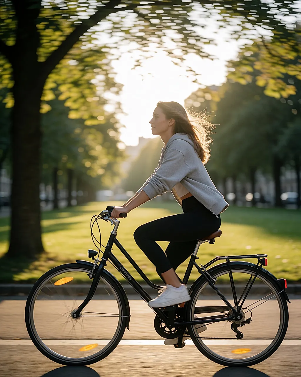 Junge Frau auf dem Fahrrad auf einem von Bäumen gesäumten Parkweg am späten Nachmittag