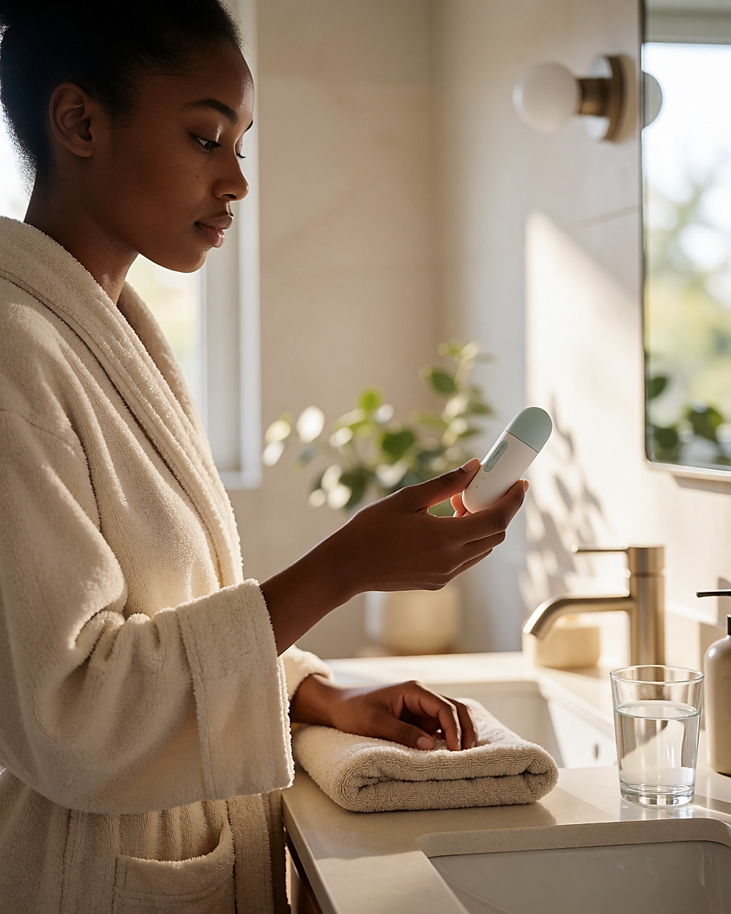 Jeune femme tenant un stylo injecteur dans une salle de bain lumineuse au matin