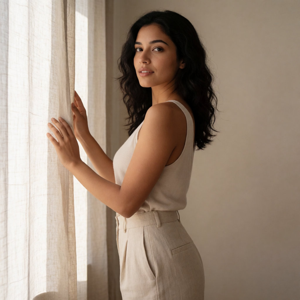 Jeune femme latina de profil, en sous-vêtements neutres, dans une lumière matinale douce