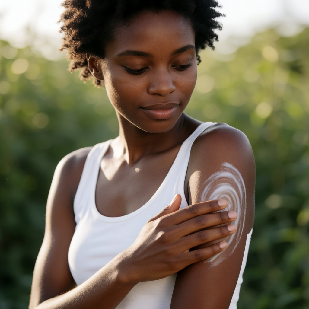Jeune femme noire applique une protection solaire sur son bras dans une lumière douce