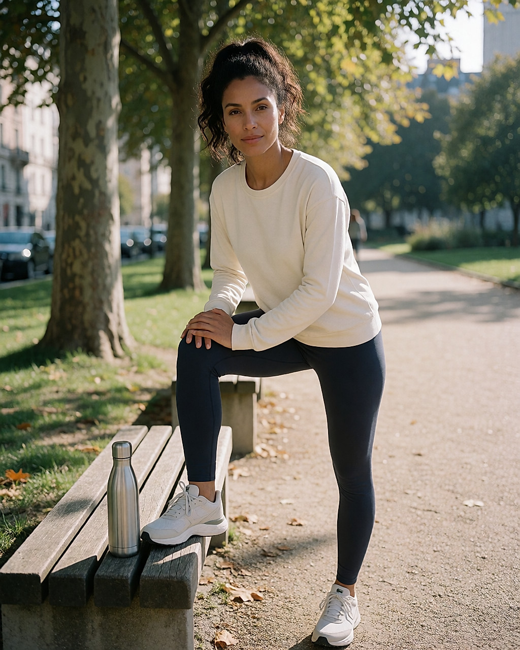 Femme maghrébine s'étirant sur un banc de parc avant de courir, lumière douce du matin