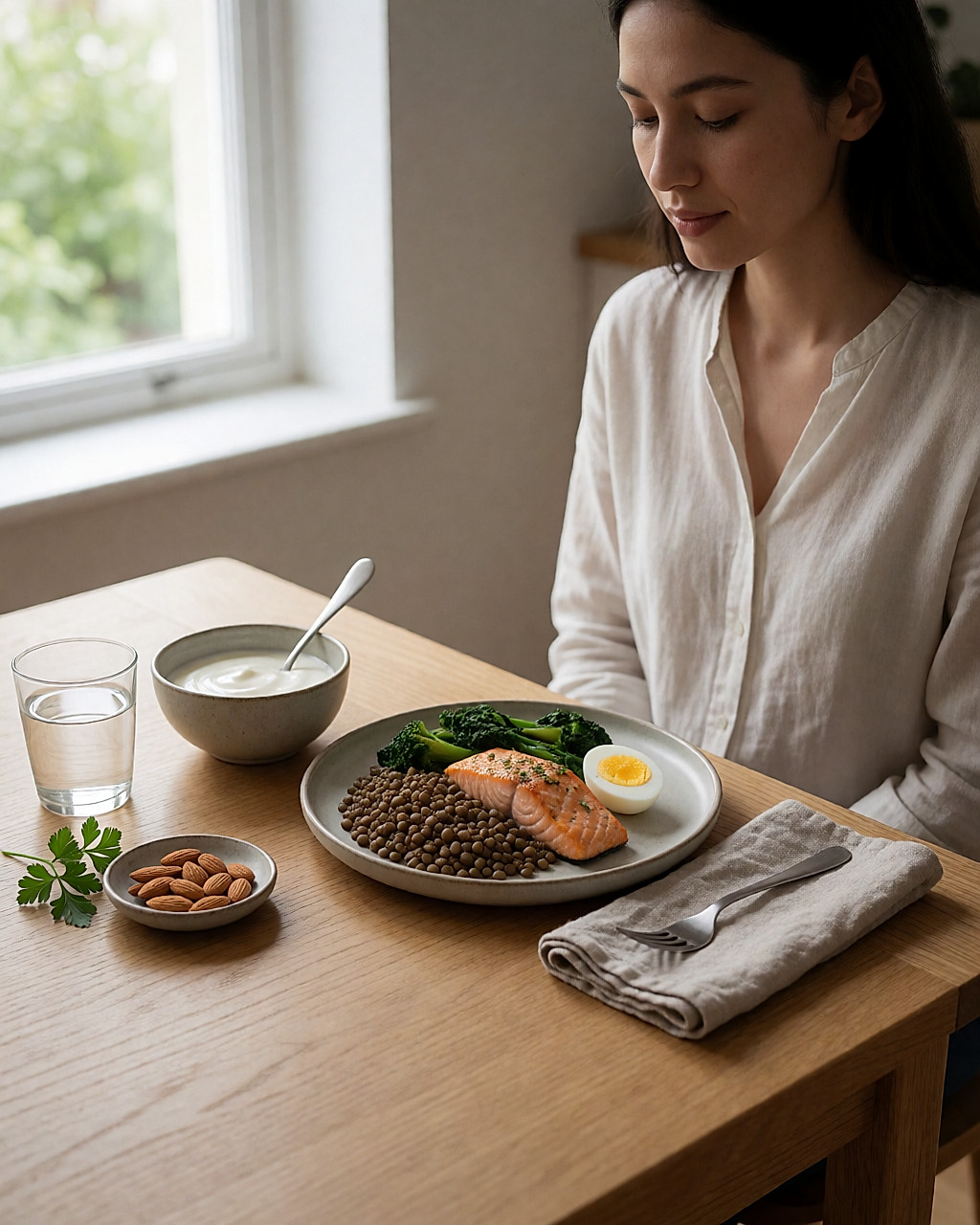 Assiette de lentilles, saumon et légumes avec yaourt et amandes sur une table en bois