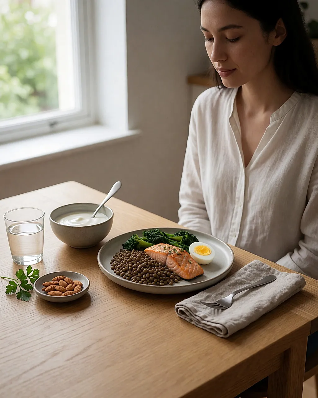 Teller mit Linsen, Lachs und Gemüse, dazu Joghurt und Mandeln auf einem Holztisch