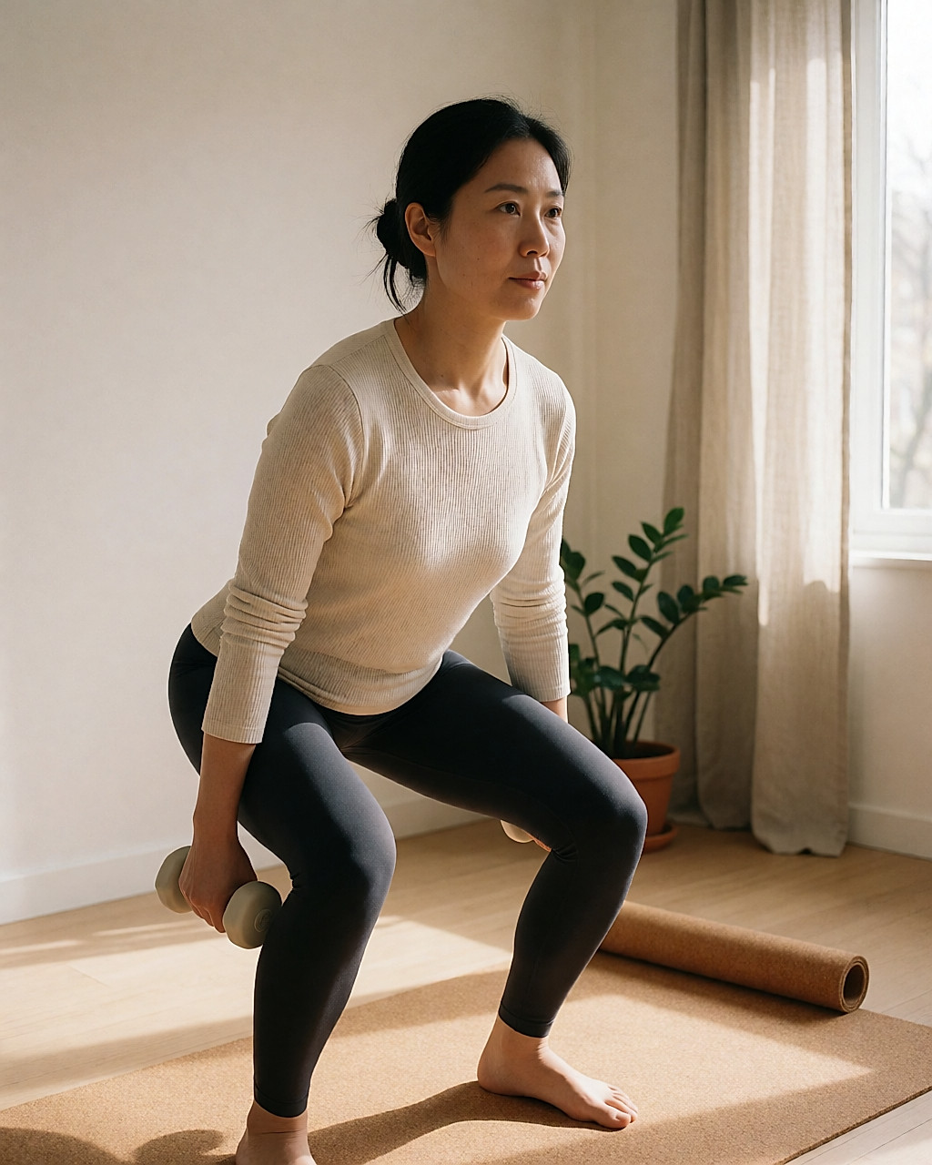 Femme asiatique faisant un squat avec des haltères légers dans un salon lumineux