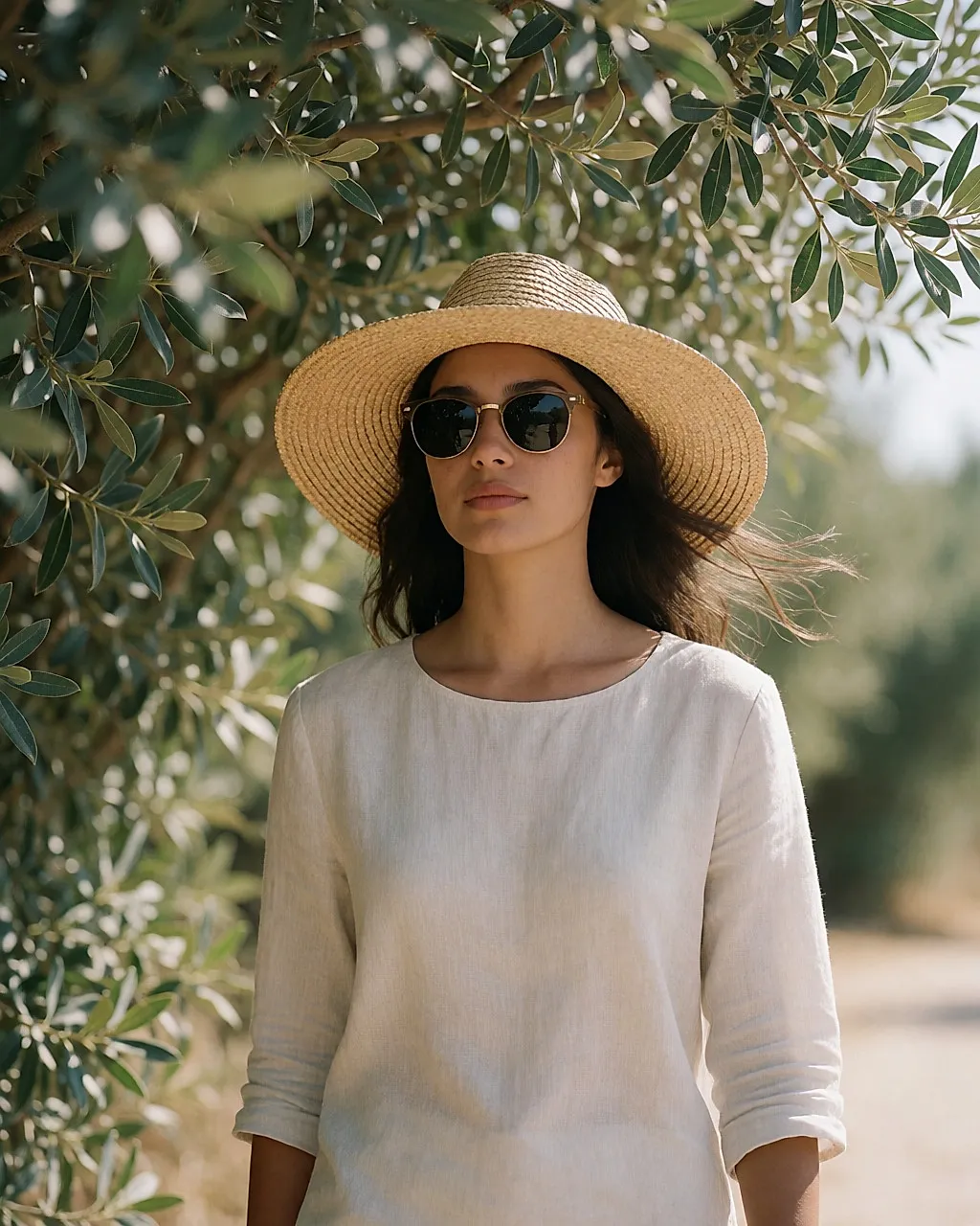 Junge Frau mit breitkrempigem Hut und Sonnenbrille im Schatten