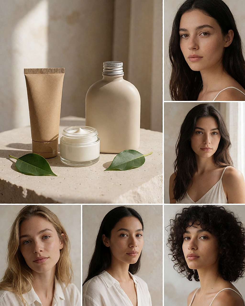 Tube en carton kraft, pot de crème minérale et flacon rechargeable sur une pierre claire