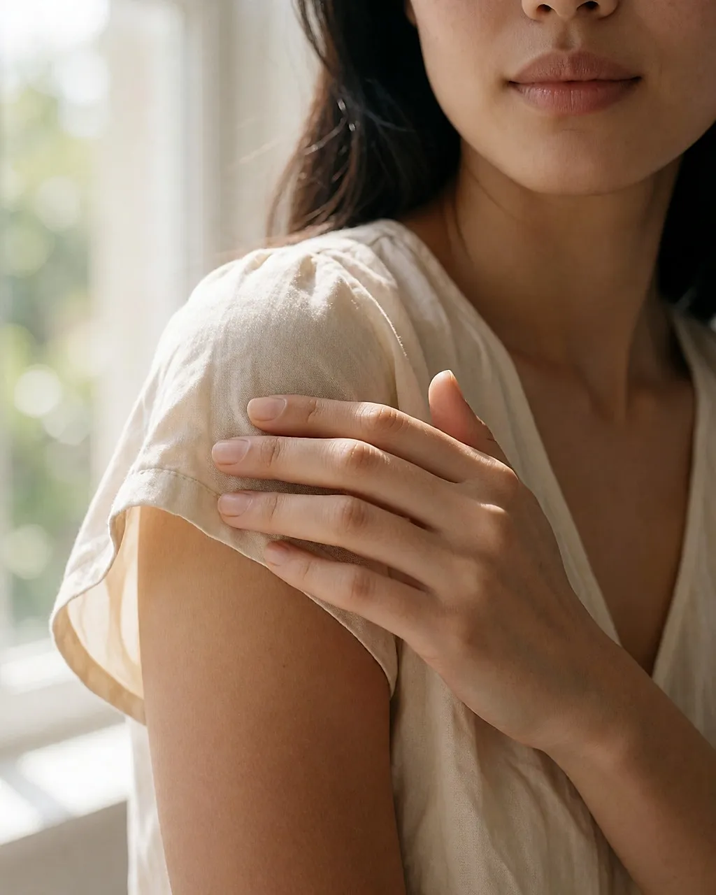 Junge asiatische Frau, die bei weichem Licht eine feuchtigkeitsspendende Lotion auf ihre Schulter aufträgt