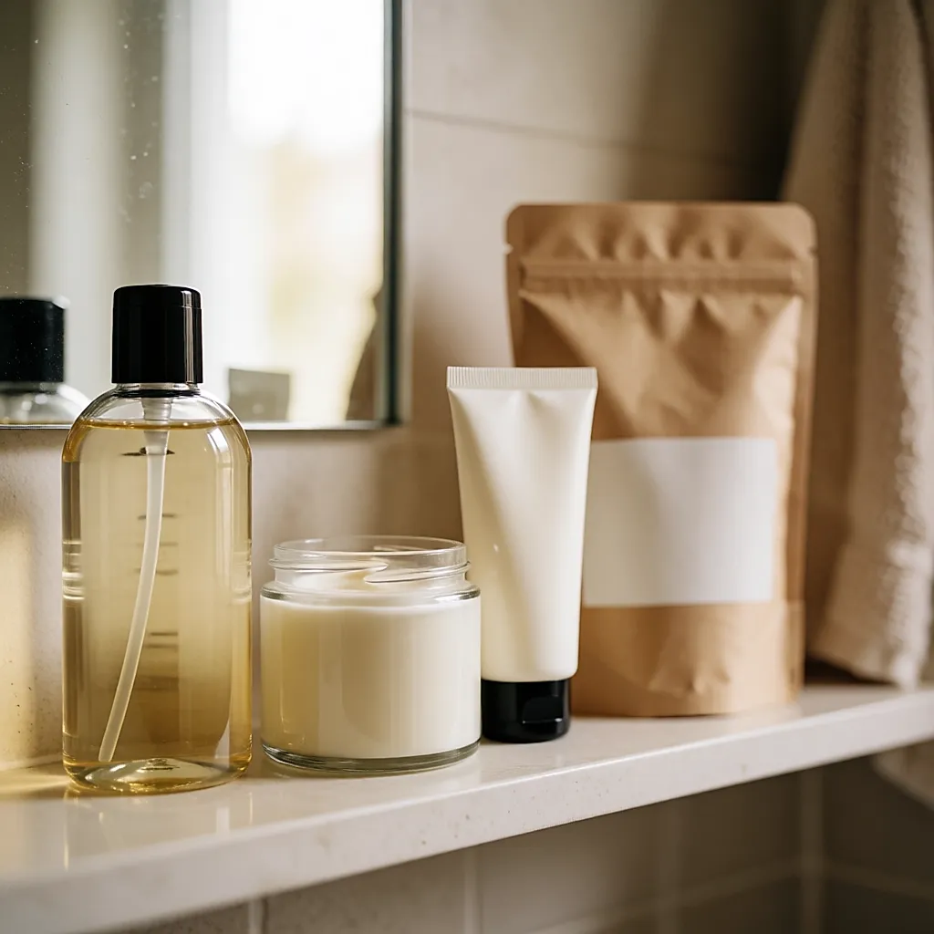 Estantería de baño con gel sin jabón, tarro de crema, tubo facial y recarga de papel