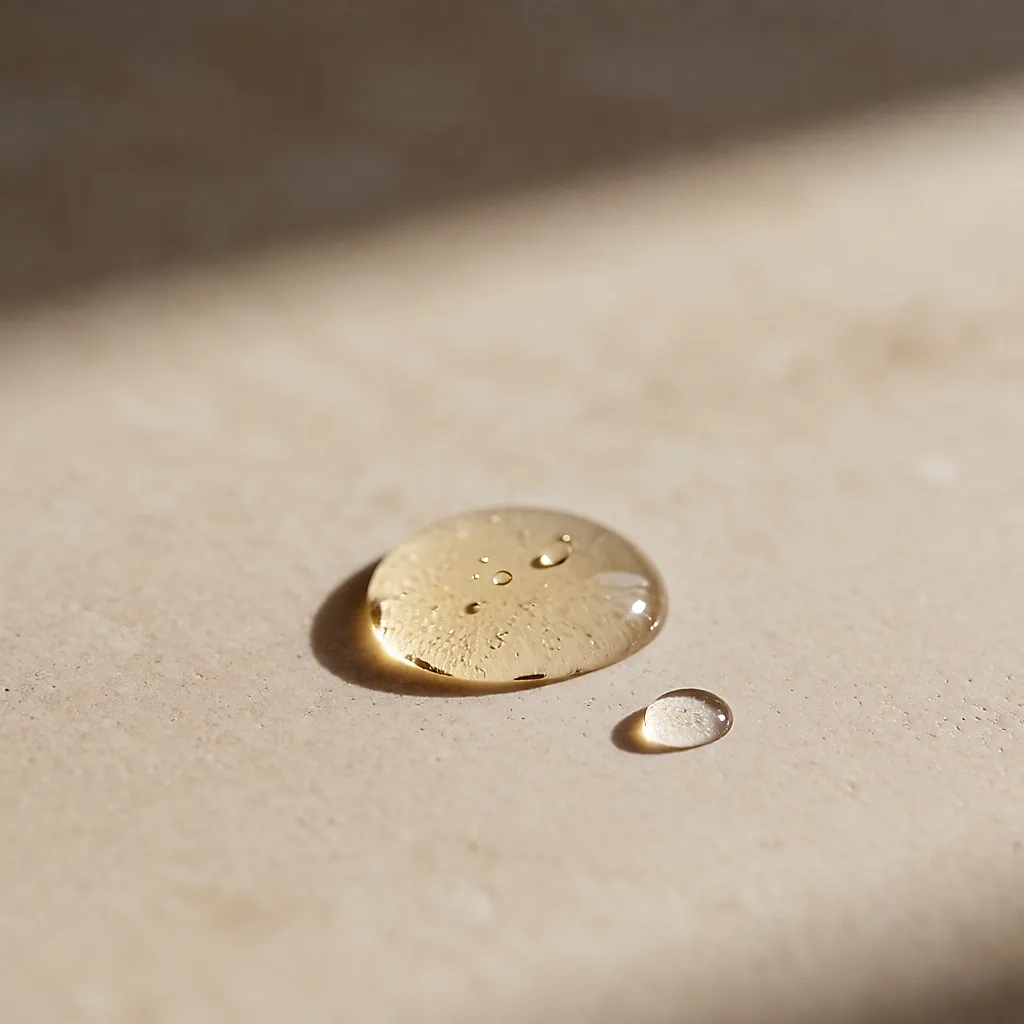 Gota de aceite y gota de agua a punto de unirse sobre una superficie de piedra beige