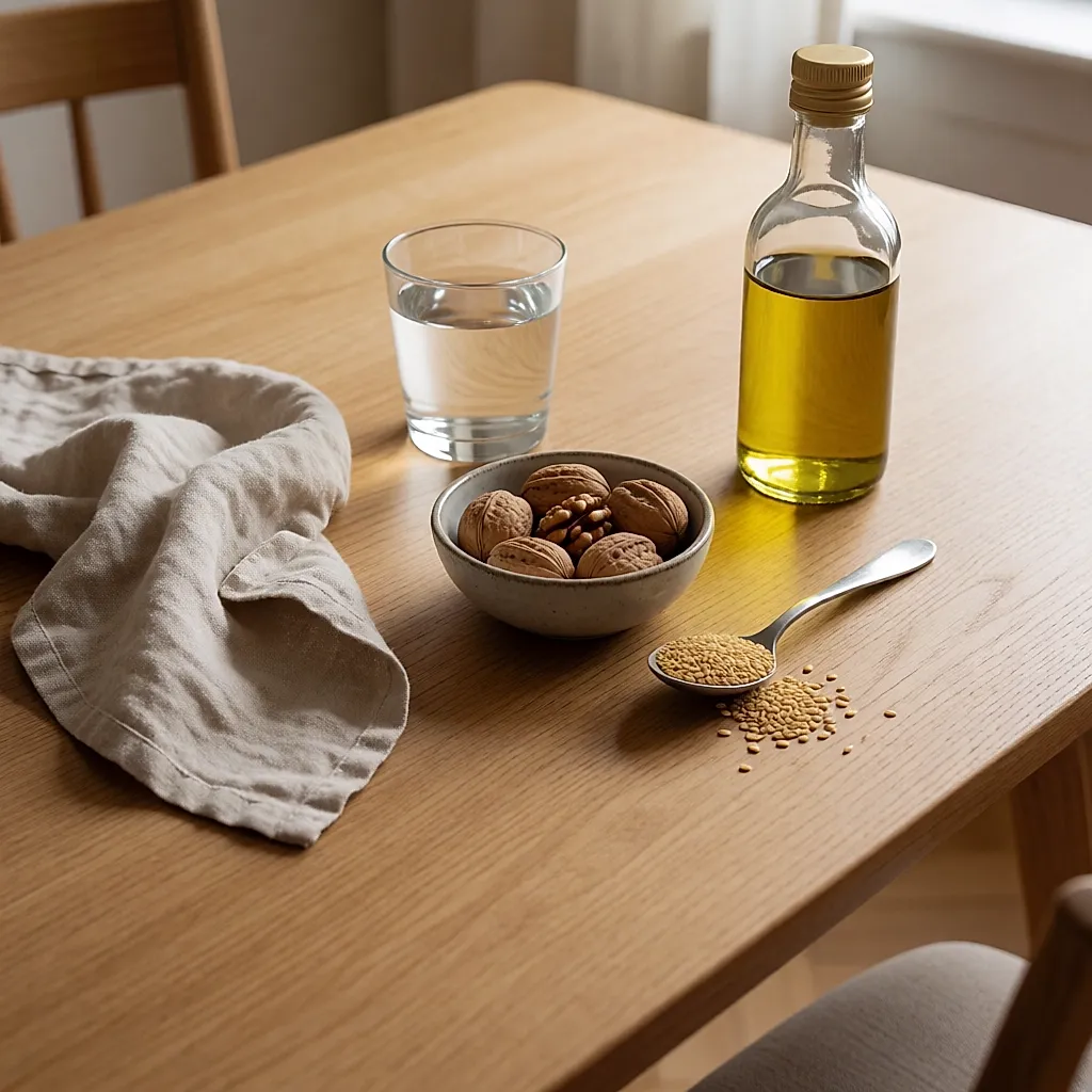 Vaso de agua, nueces, semillas de lino y aceite de colza sobre una mesa de madera
