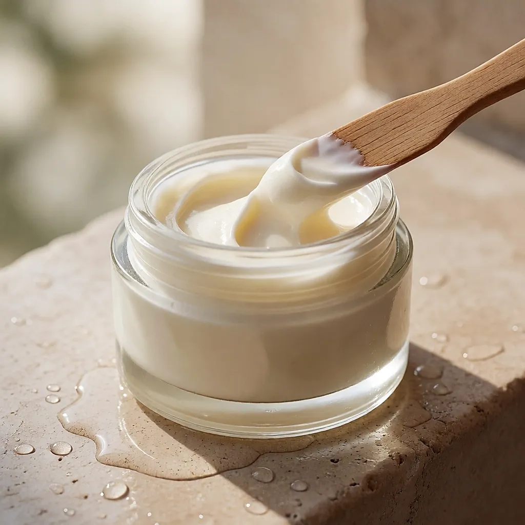 Tarro abierto de crema corporal con manteca de karité y una espátula de madera