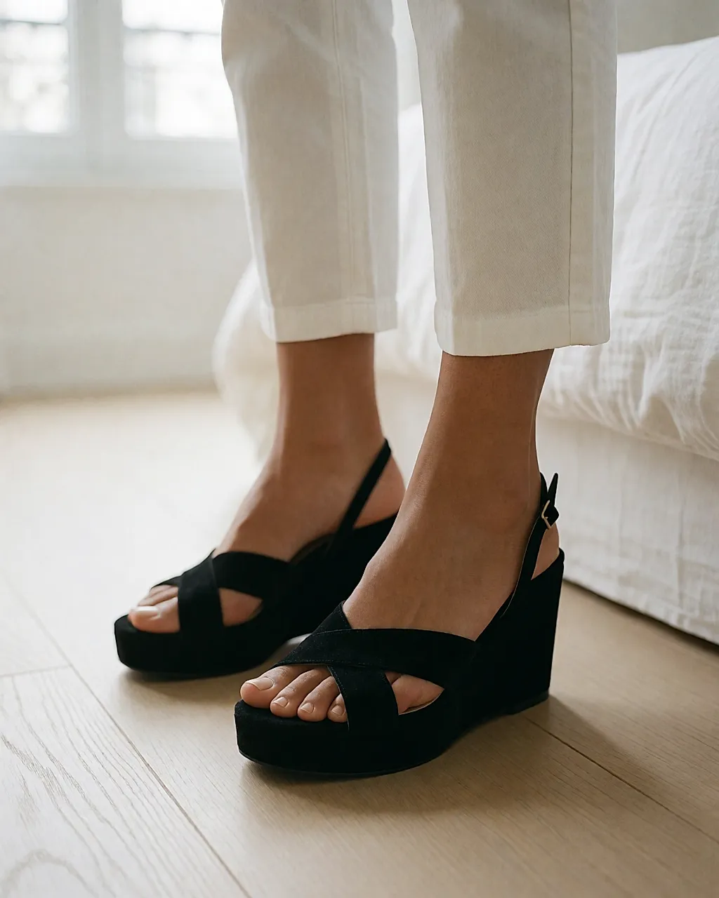 A woman stands in black strappy platform shoes in a bright room
