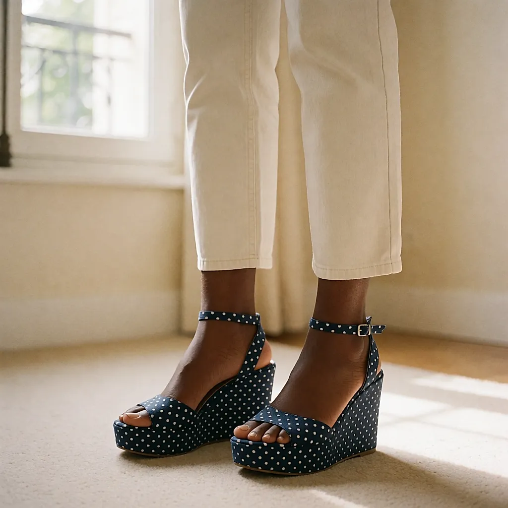 Navy polka-dot canvas platform shoes worn in a bright hallway