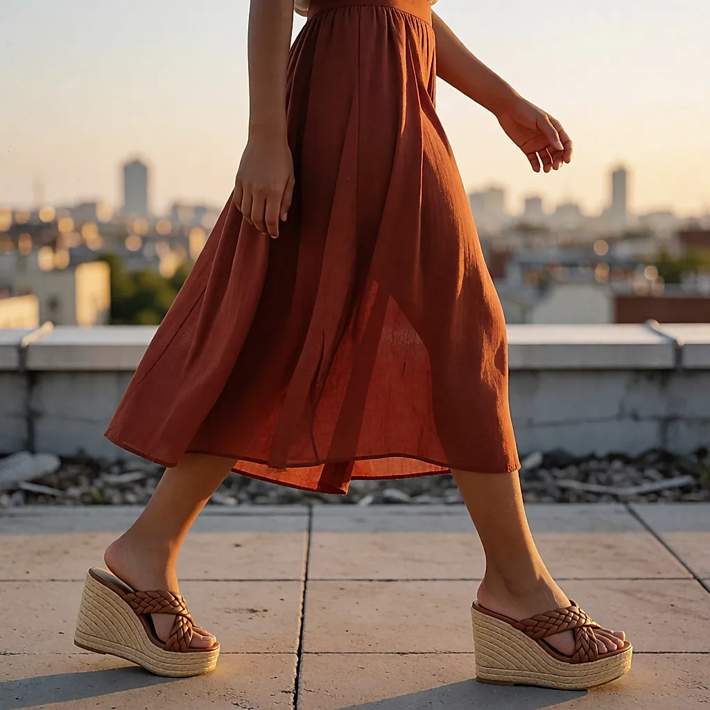 Platform sandals with woven straps worn on a roof terrace