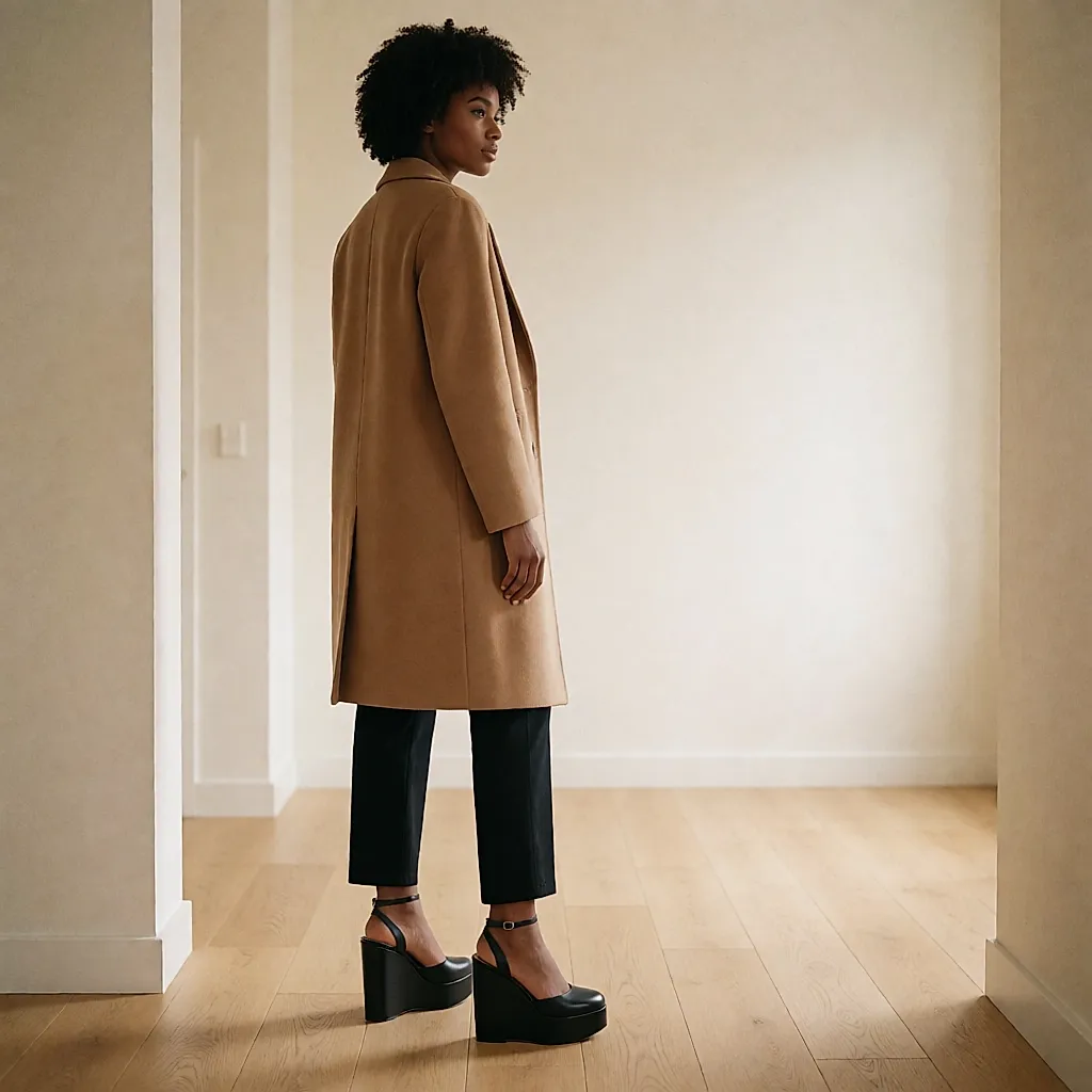 A woman seen from behind wears black leather Jessica Simpson platform shoes with a fine strap in a bright hallway