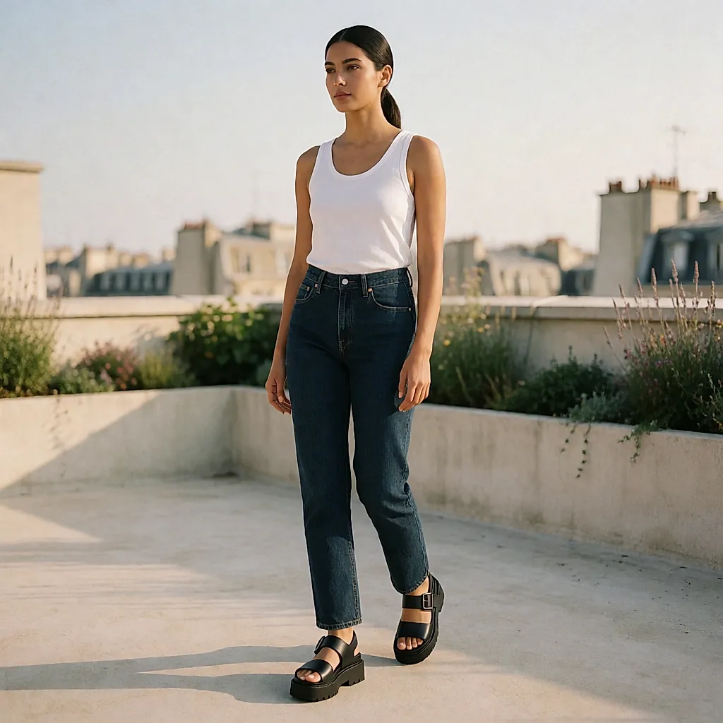 Black Buffalo platform sandals with a ridged sole worn on an urban roof terrace