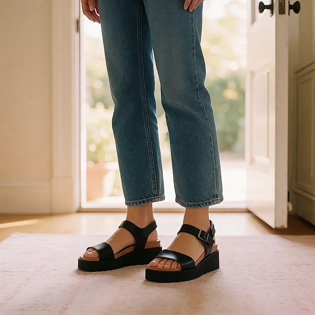 Black Aerosoles platform sandals worn with straight-leg jeans in a bright hallway
