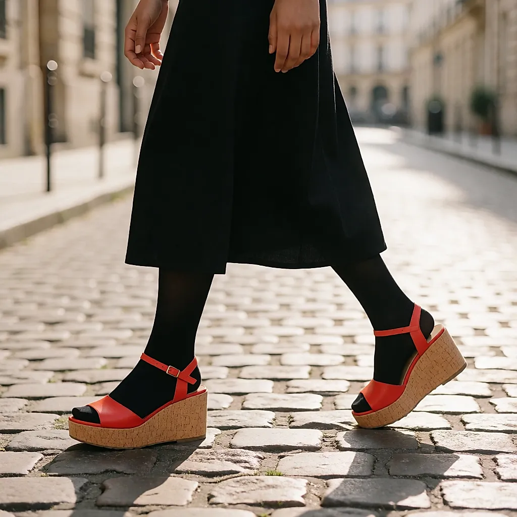 Coral-red platform shoes worn with a fluid black skirt on a Paris pavement