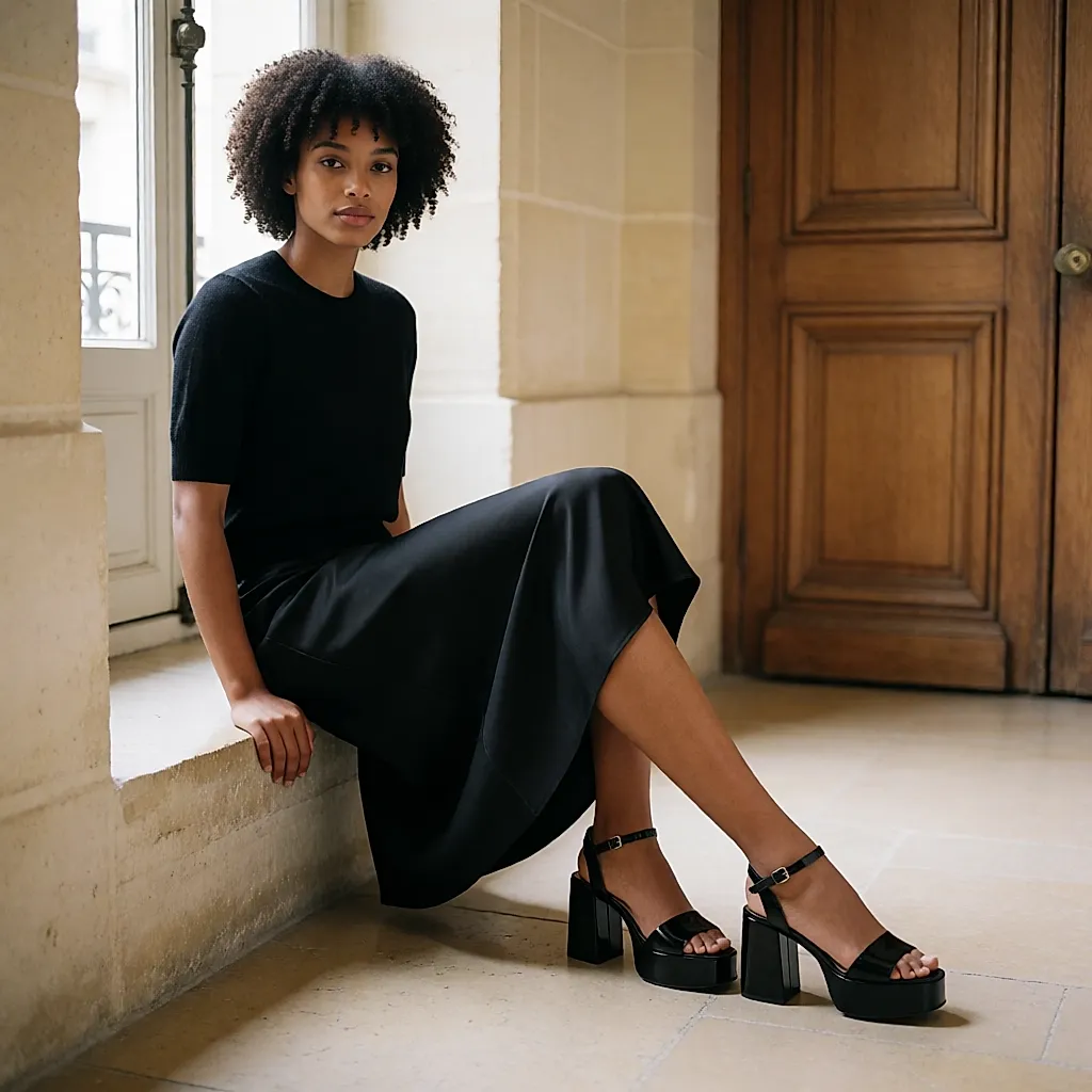 A woman sits with crossed legs wearing black platform shoes with a glossy red sole