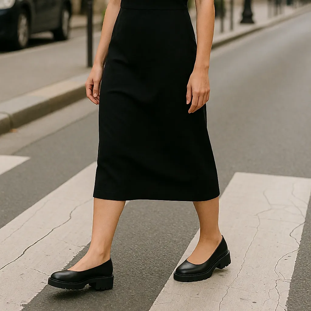 Black platform ankle boots with a chunky sole worn on a pedestrian crossing